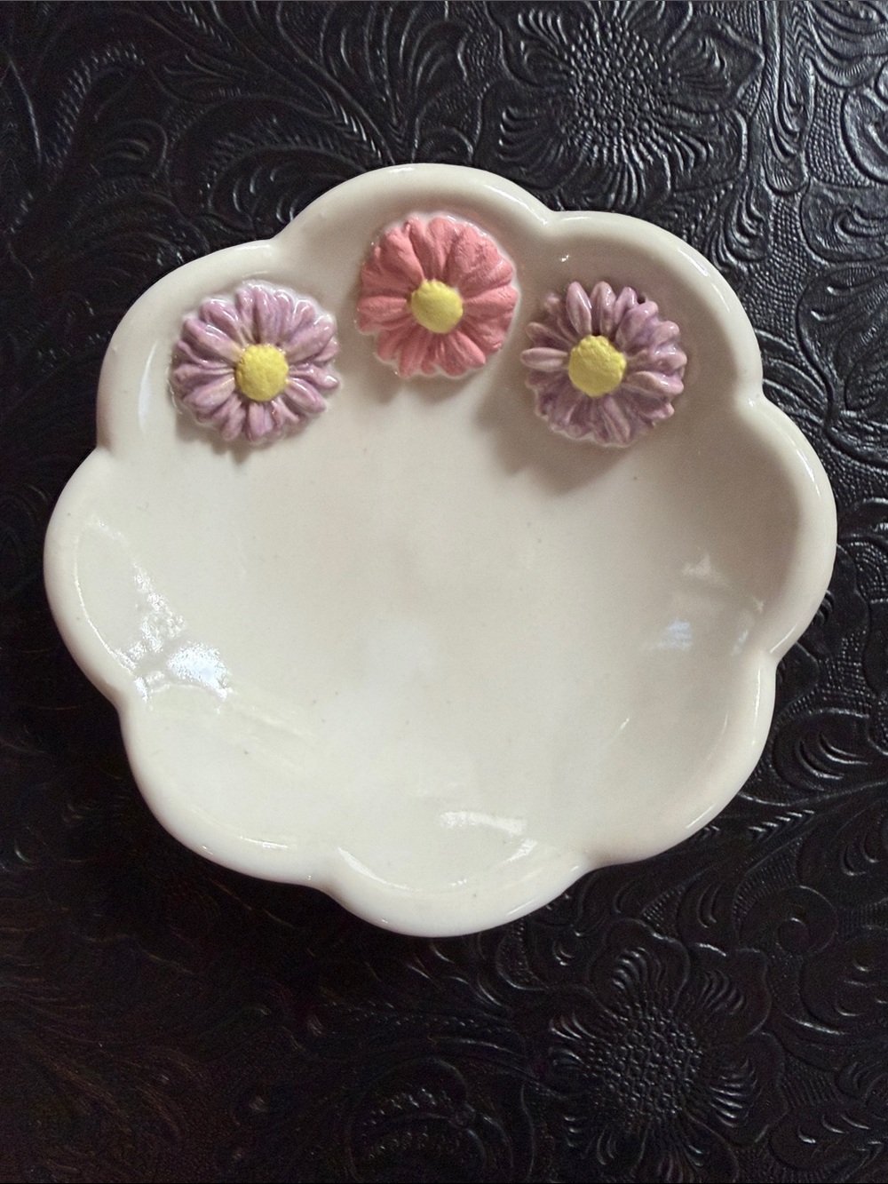 Handmade Ceramic Floral Trinket Dish in White with Pink & Purple Accents